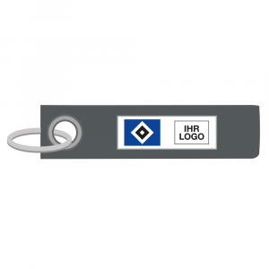 Grauer Schlüsselanhänger mit dem HSV Logo neben dem Platzhalter für die Veredelung.