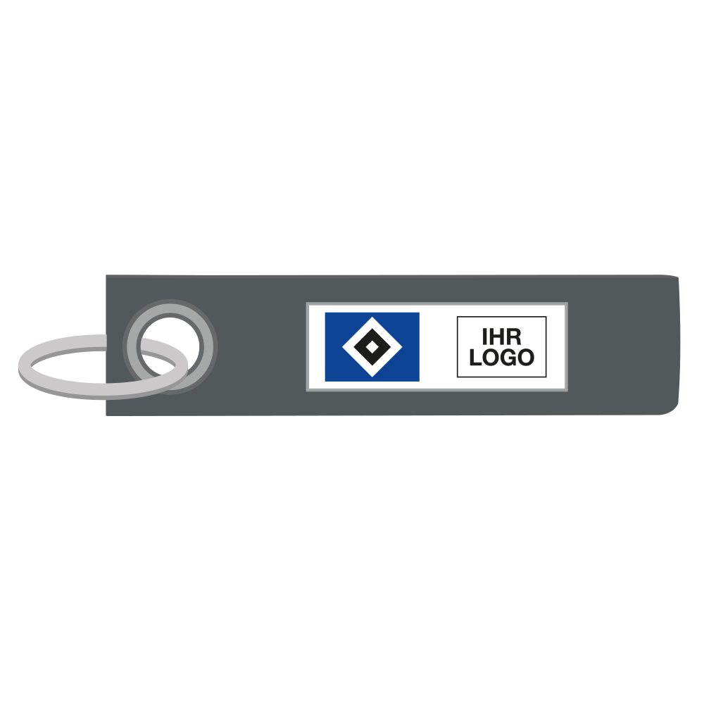 Grauer Schlüsselanhänger mit dem HSV Logo neben dem Platzhalter für die Veredelung.