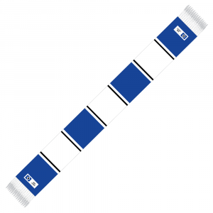 Blau-weiß-schwarz gestreifter Schal mit weißen Fransen. An den Enden befinden sich Platzhalter für die individuelle Veredelung neben der HSV Raute.