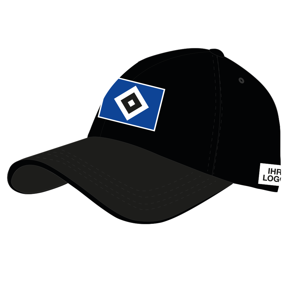 Schrägansicht der schwarzen Baseball Cap mit großem HSV Logo vorn und Platzhalter für die Veredelung an der linken Seite.