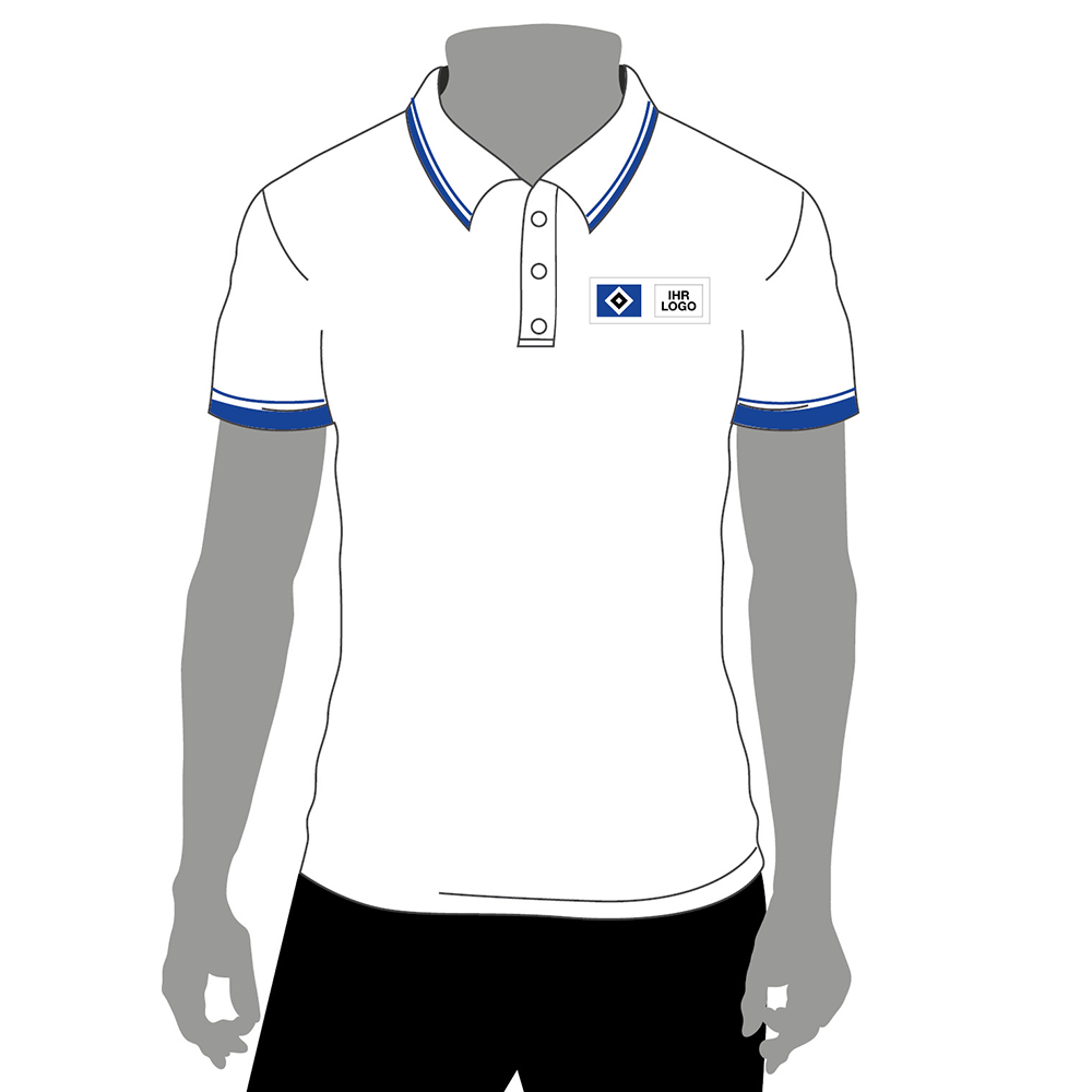 Vorderansicht kurzärmeliges Polo Shirt weiß mit dem HSV Logo auf der linken Brustseite neben einem Platzhalter für die Veredelung. Die Bündchen an Ärmeln und am Kragen sind blau-weiß-schwarz gestreift.