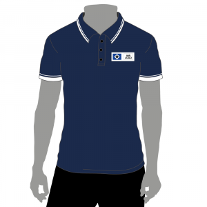 Vorderansicht kurzärmeliges Polo Shirt navy mit dem HSV Logo auf der linken Brustseite neben einem Platzhalter für die Veredelung. Die Bündchen an Ärmeln und am Kragen sind weiß-schwarz-blau gestreift.
