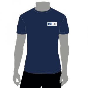 Vorderansicht T-Shirt navy mit dem HSV Logo auf der linken Brustseite neben einem Platzhalter für die Veredelung.