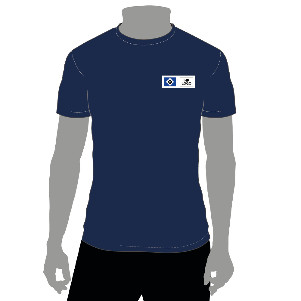 Vorderansicht T-Shirt navy mit dem HSV Logo auf der linken Brustseite neben einem Platzhalter für die Veredelung.