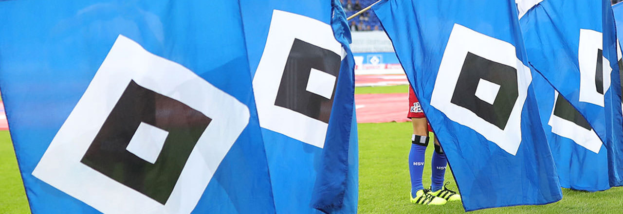 Spielerbeine, die auf dem Spielfeld zwischen einem Spalier aus HSV Fahnen hindurch zu sehen sind.