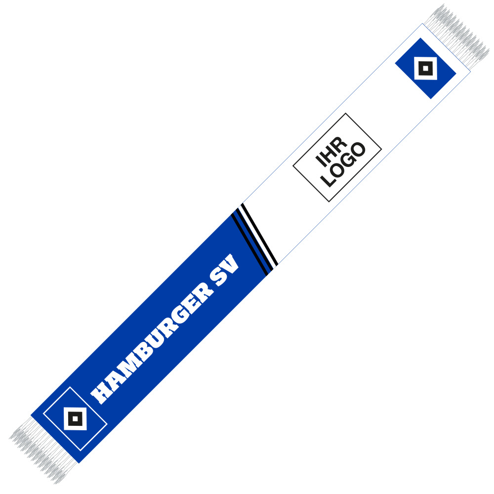 Blau-Weißer Schal mit weißen Fransen. Die linke Hälfte ist blau und trägt das HSV Logo gestürzt am Ende. Daneben über die Breite den großen Schriftzug "Hamburger SV". Die rechte, weiße Hälfte ist durch 3 schräge schwarze Linien abgetrennt. Am Ende steht ebenfalls das um 90 % gestürzte Logo. In der weißen Fläche ist ein großer Platzhalter für die individuelle Veredelung.