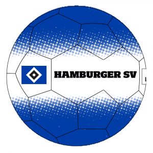 Blauer Fußball mit breitem weißen Äquator, auf dem zwischen der HSV Raute und dem Platzhalter für die individuelle Veredelung der Schriftzug "Hamburger SV" in schwarz steht.