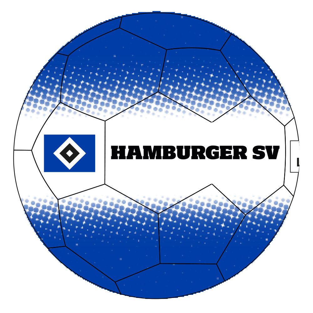 Blauer Fußball mit breitem weißen Äquator, auf dem zwischen der HSV Raute und dem Platzhalter für die individuelle Veredelung der Schriftzug "Hamburger SV" in schwarz steht.
